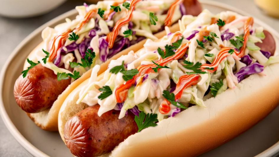 Hot-dogs épicés à la sauce sriracha et mayonnaise avec saucisses Bell et salade de chou asiatique